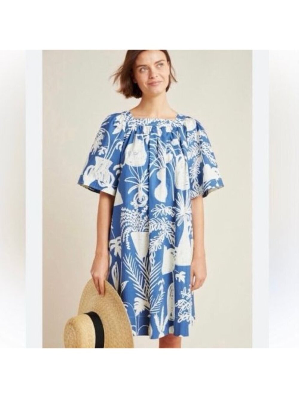 WHIT Anthropologie Mira Blue White Organic Cotton Shift Dress Petite Small